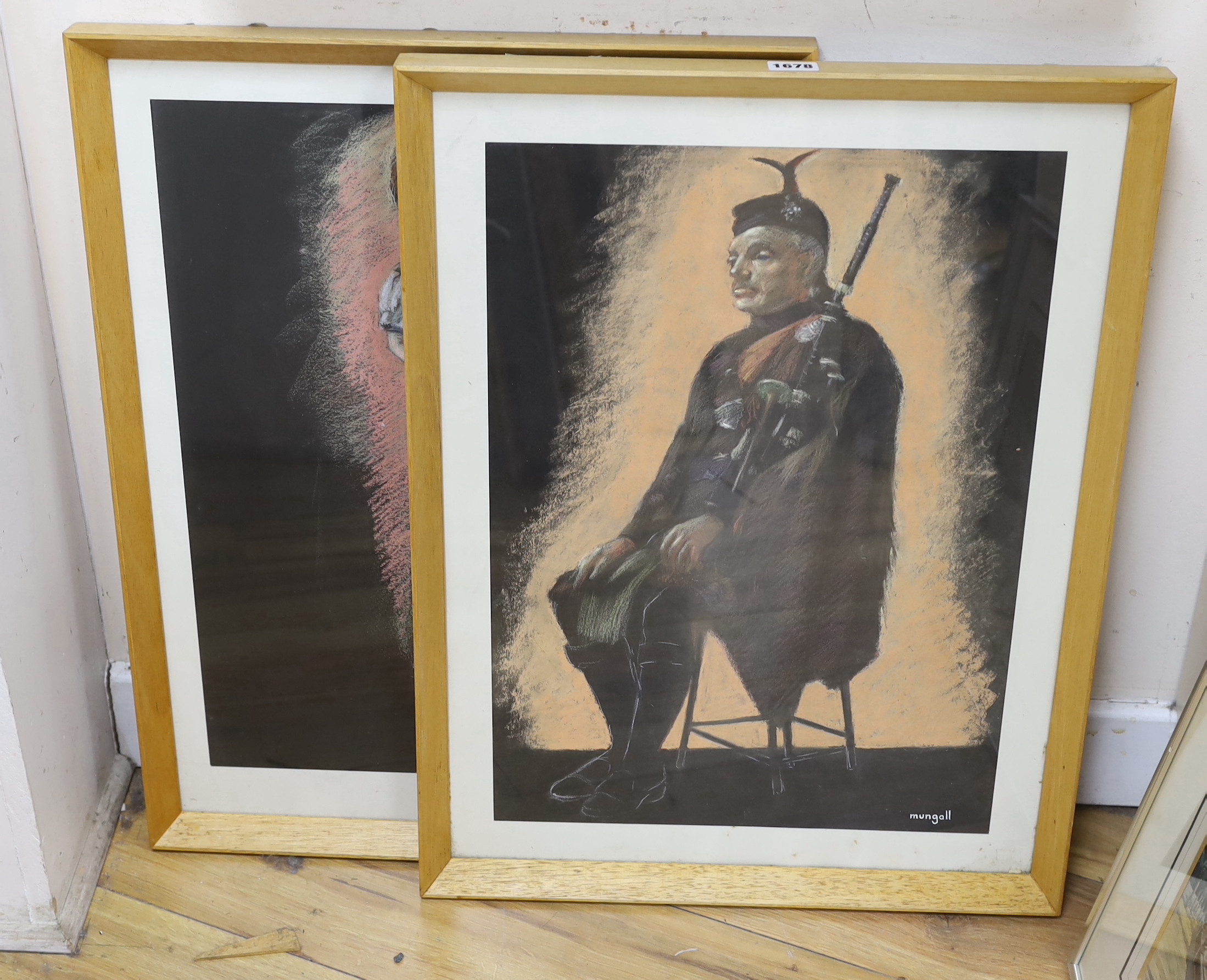 John Bryce Mungall, pair of pastel portraits of 'The Piper' and 'Agnes', signed with labels verso, 52 x 38cm